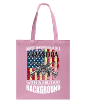 Load image into Gallery viewer, Never Underestimate A Grandpa Black T-Shirt Basketweave Tote Bag
