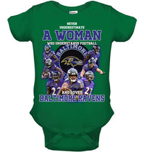 Load image into Gallery viewer, Woman Loves American Football And Baltimore Ravens Gift For Fans Baby Onesie