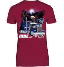 Load image into Gallery viewer, Ride With Pride Wolf Truck Black T-Shirt Ladies Tee