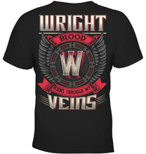 Load image into Gallery viewer, Wright Blood Runs Through Veins Black Quote Name T-Shirt Youth Tee