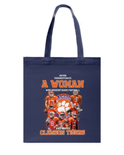 Load image into Gallery viewer, A Woman Loves Clemson Tigers Gift For Fans T-Shirt Basketweave Tote Bag