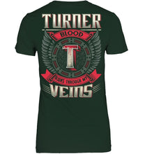 Load image into Gallery viewer, Turner Blood Runs Through Veins Black Quote Name T-Shirt Ladies V-Neck