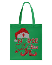Load image into Gallery viewer, Merry Christmas Nurse Claus Black T-Shirt Basketweave Tote Bag