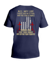 Load image into Gallery viewer, Lived By A Code Back Side T-Shirt Guys V-Neck
