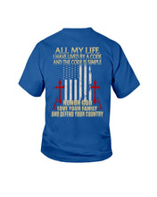 Load image into Gallery viewer, Lived By A Code Back Side T-Shirt Youth Tee