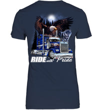 Load image into Gallery viewer, Ride With Pride Wolf Truck Black T-Shirt Ladies Tee