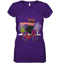 Load image into Gallery viewer, Winter Cat Riding Bicycle Christmas Gift T-Shirt Ladies V-Neck