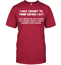 Load image into Gallery viewer, Think Before Act Black Quote Name T-Shirt Guys Tee