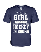 Load image into Gallery viewer, Girl Who Loves Hockey And Books Quote Name T-Shirt Guys V-Neck
