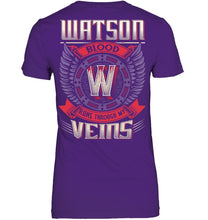 Load image into Gallery viewer, Watson Blood Runs Through Veins Black Quote Name T-Shirt Ladies V-Neck