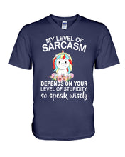 Load image into Gallery viewer, Unicorn Sarcasm Speak Wisely Funny Quote Guys V-Neck