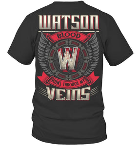 Watson Blood Runs Through Veins Black Quote Name T-Shirt Guys Tee