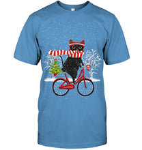 Load image into Gallery viewer, Winter Cat Riding Bicycle Christmas Gift T-Shirt Guys Tee