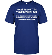 Load image into Gallery viewer, Think Before Act Black Quote Name T-Shirt Guys Tee