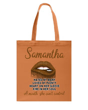 Load image into Gallery viewer, Samantha A Mouth She Can't Control Lipsquote Name T-Shirt Basketweave Tote Bag