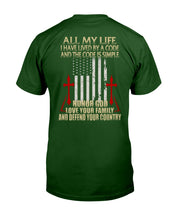 Load image into Gallery viewer, Lived By A Code Back Side T-Shirt Guys Tee