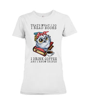Load image into Gallery viewer, Cute Owl Read Books And Drink Coffee Funny T-Shirt Ladies Tee