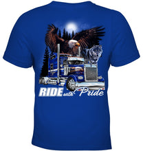 Load image into Gallery viewer, Ride With Pride Wolf Truck Black T-Shirt Youth Tee