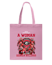 Load image into Gallery viewer, A Woman Loves Georgia Bulldogs Custom Tee Basketweave Tote Bag