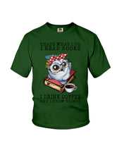 Load image into Gallery viewer, Cute Owl Read Books And Drink Coffee Funny T-Shirt Youth Tee