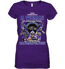 Load image into Gallery viewer, Woman Loves American Football And Baltimore Ravens Gift For Fans Ladies V-Neck
