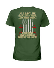 Load image into Gallery viewer, Lived By A Code Back Side T-Shirt Ladies Tee