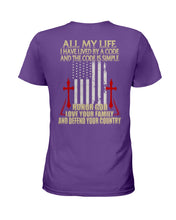 Load image into Gallery viewer, Lived By A Code Back Side T-Shirt Ladies Tee