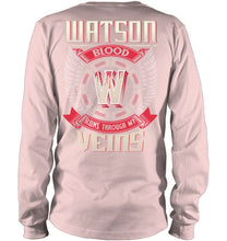 Load image into Gallery viewer, Watson Blood Runs Through Veins Black Quote Name T-Shirt Unisex Long Sleeve