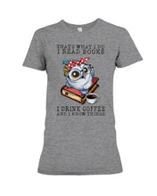 Load image into Gallery viewer, Cute Owl Read Books And Drink Coffee Funny T-Shirt Ladies Tee