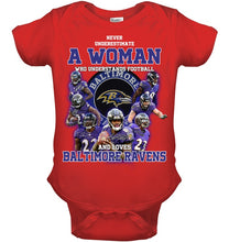 Load image into Gallery viewer, Woman Loves American Football And Baltimore Ravens Gift For Fans Baby Onesie