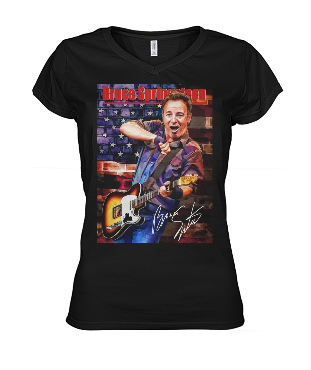 Bruce Springteen Gift For Guitar Fans Black T-Shirt Ladies V-Neck