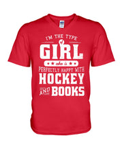 Load image into Gallery viewer, Girl Who Loves Hockey And Books Quote Name T-Shirt Guys V-Neck