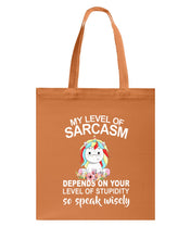 Load image into Gallery viewer, Unicorn Sarcasm Speak Wisely Funny Quote Basketweave Tote Bag