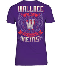 Load image into Gallery viewer, Wallace Blood Runs Through Veins Black Quote Name T-Shirt Ladies V-Neck