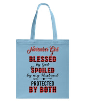 Load image into Gallery viewer, November Girl Blessed By Girl Spoiled By Husband Quote T-Shirt Basketweave Tote Bag