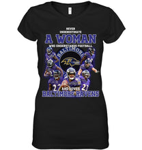 Load image into Gallery viewer, Woman Loves American Football And Baltimore Ravens Gift For Fans Ladies V-Neck