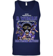 Load image into Gallery viewer, Woman Loves American Football And Baltimore Ravens Gift For Fans Unisex Tank Top