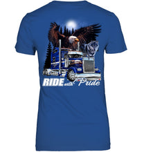 Load image into Gallery viewer, Ride With Pride Wolf Truck Black T-Shirt Ladies Tee