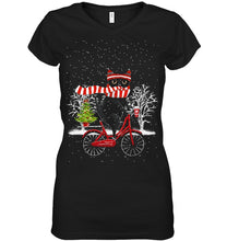 Load image into Gallery viewer, Winter Cat Riding Bicycle Christmas Gift T-Shirt Ladies V-Neck