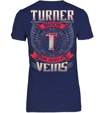 Load image into Gallery viewer, Turner Blood Runs Through Veins Black Quote Name T-Shirt Ladies V-Neck
