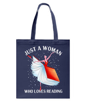 Load image into Gallery viewer, Just A Woman Loves Dancing And Reading Books Basketweave Tote Bag