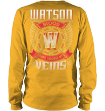 Load image into Gallery viewer, Watson Blood Runs Through Veins Black Quote Name T-Shirt Unisex Long Sleeve