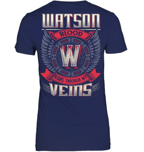 Watson Blood Runs Through Veins Black Quote Name T-Shirt Ladies V-Neck