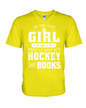 Load image into Gallery viewer, Girl Who Loves Hockey And Books Quote Name T-Shirt Guys V-Neck