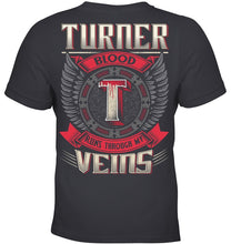 Load image into Gallery viewer, Turner Blood Runs Through Veins Black Quote Name T-Shirt Youth Tee