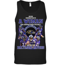 Load image into Gallery viewer, Woman Loves American Football And Baltimore Ravens Gift For Fans Unisex Tank Top