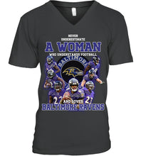 Load image into Gallery viewer, Woman Loves American Football And Baltimore Ravens Gift For Fans Guys V-Neck