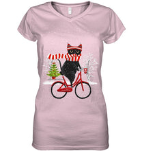 Load image into Gallery viewer, Winter Cat Riding Bicycle Christmas Gift T-Shirt Ladies V-Neck
