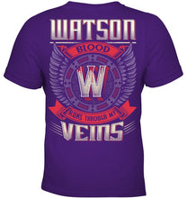 Load image into Gallery viewer, Watson Blood Runs Through Veins Black Quote Name T-Shirt Youth Tee