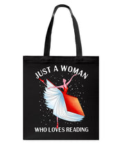 Load image into Gallery viewer, Just A Woman Loves Dancing And Reading Books Basketweave Tote Bag